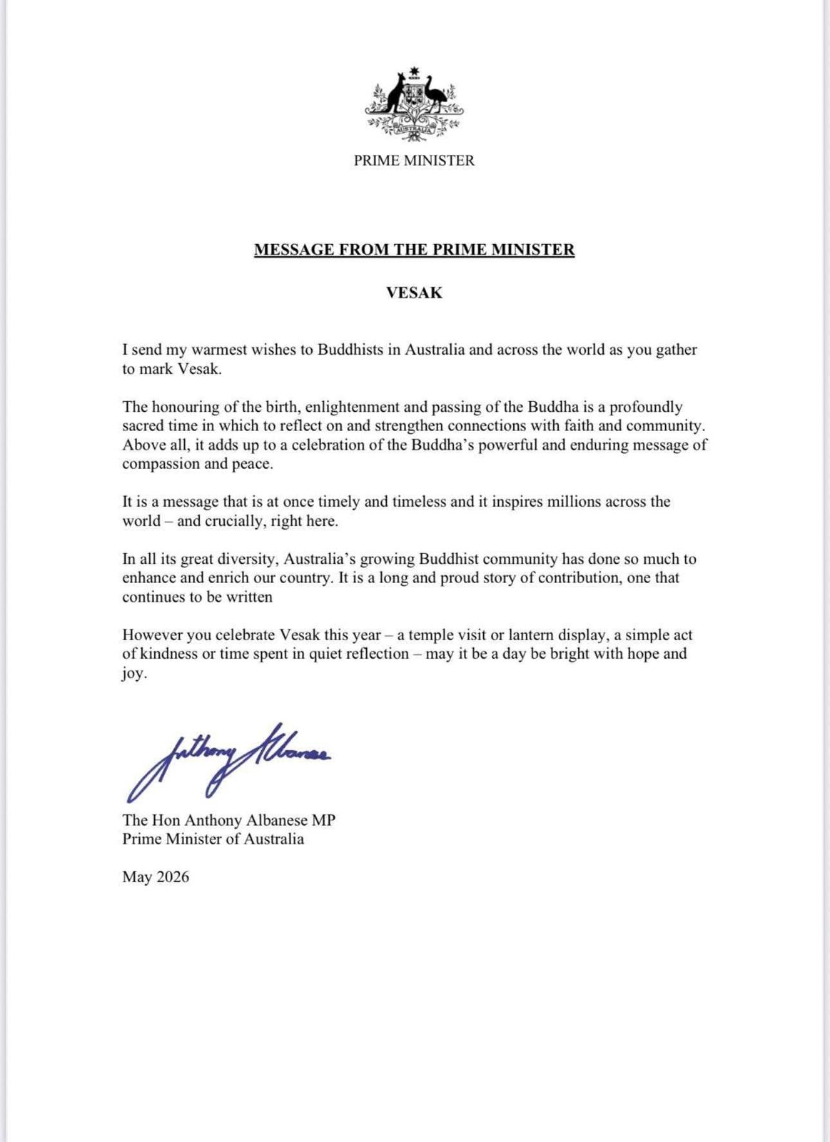 Letter from Prime Minister